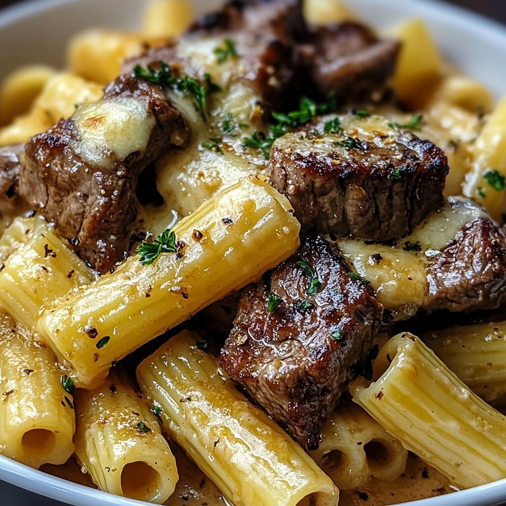 Garlic Butter Steak Tips with Cheesy Rigatoni