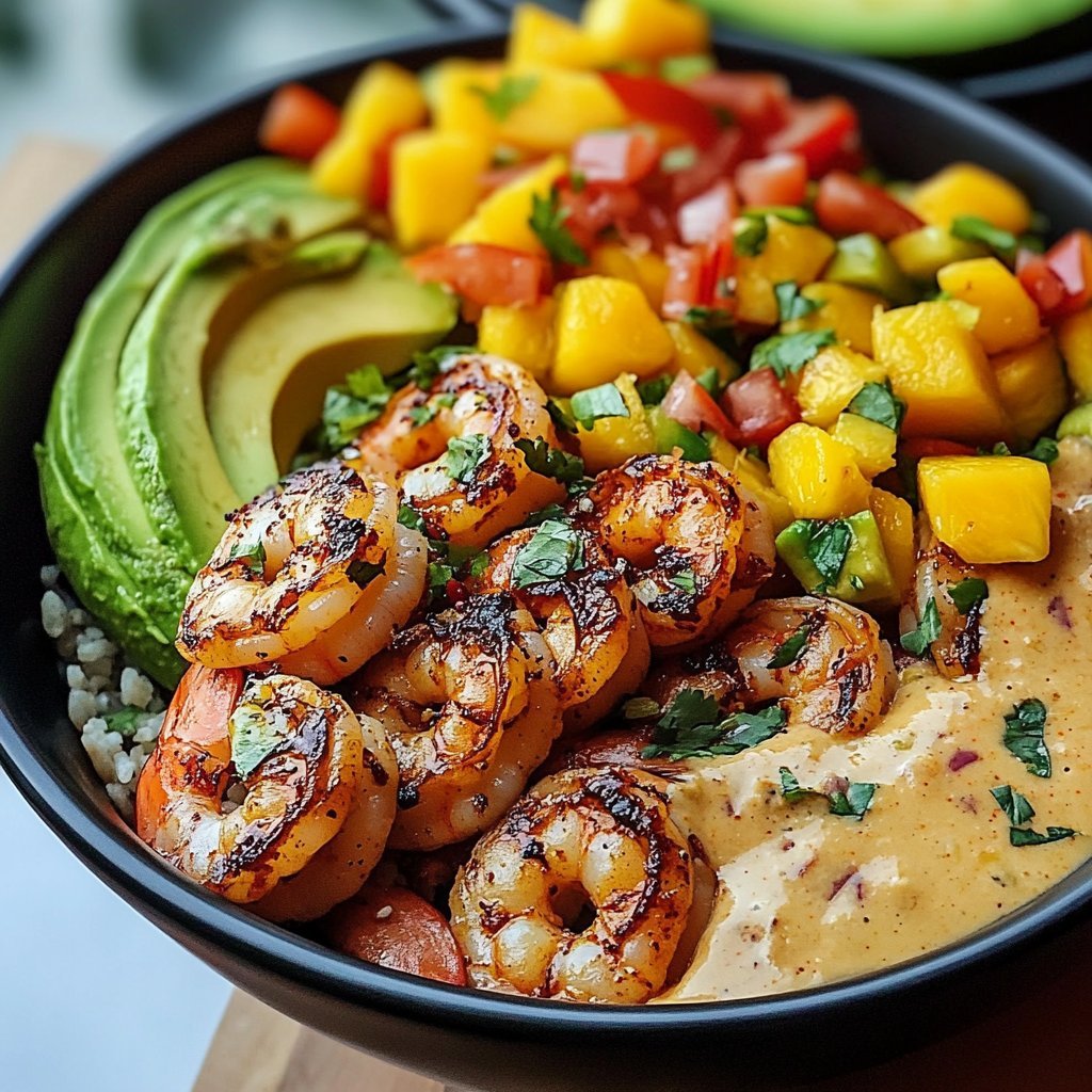 Shrimp and Avocado Bowls with Mango Salsa & Lime-Chili Sauce