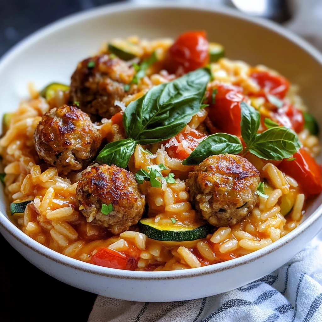 Pasta Risotto with Zucchini, Tomatoes and Crispy Meatballs