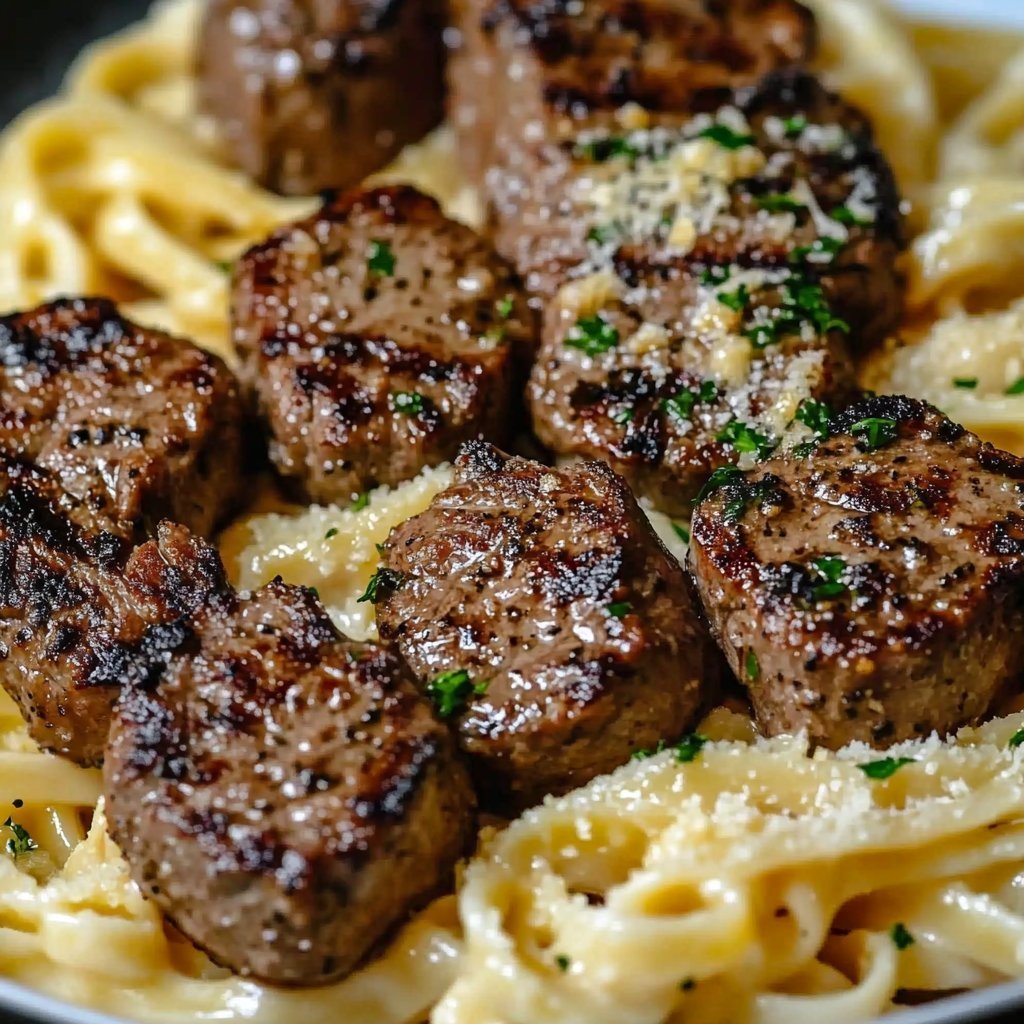 Garlic Butter Steak Bites with Creamy Parmesan Pasta