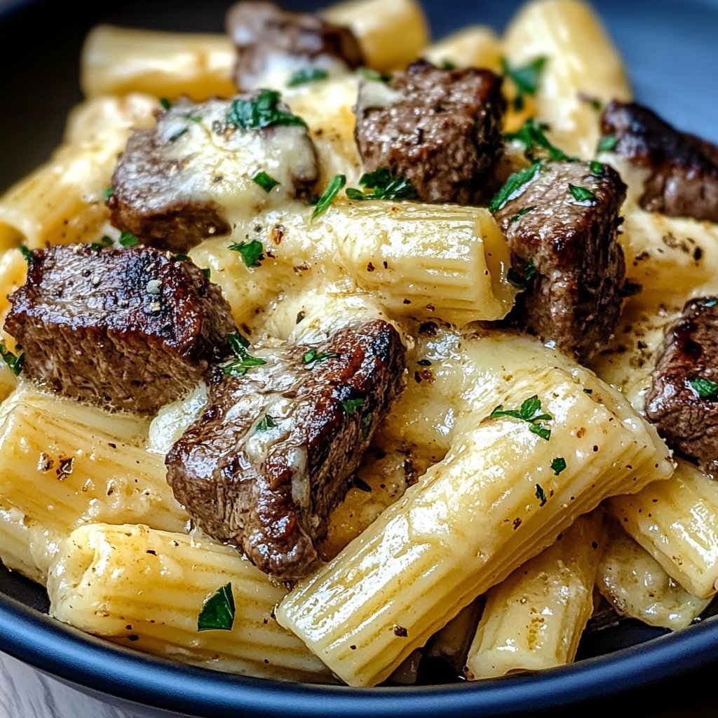 Garlic Butter Steak Tips with Cheesy Rigatoni