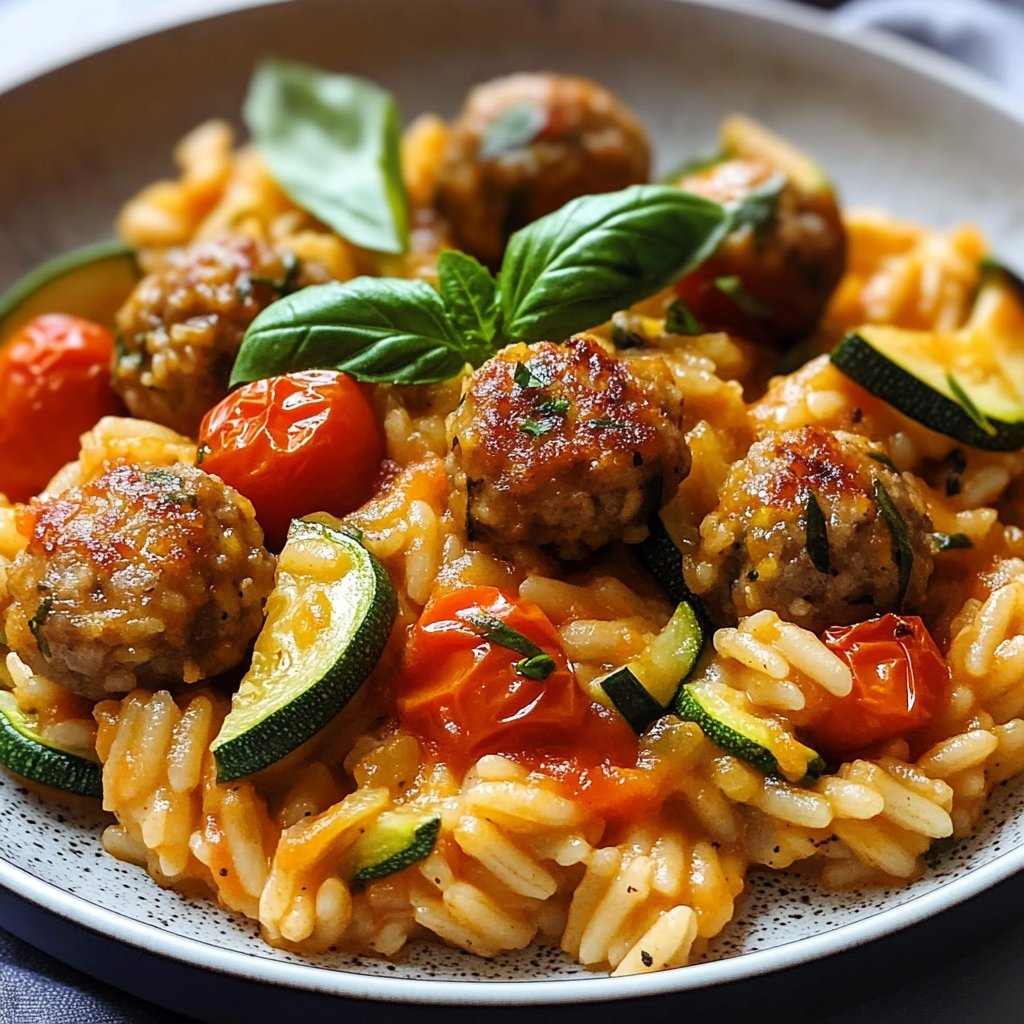 Pasta Risotto with Zucchini, Tomatoes and Crispy Meatballs