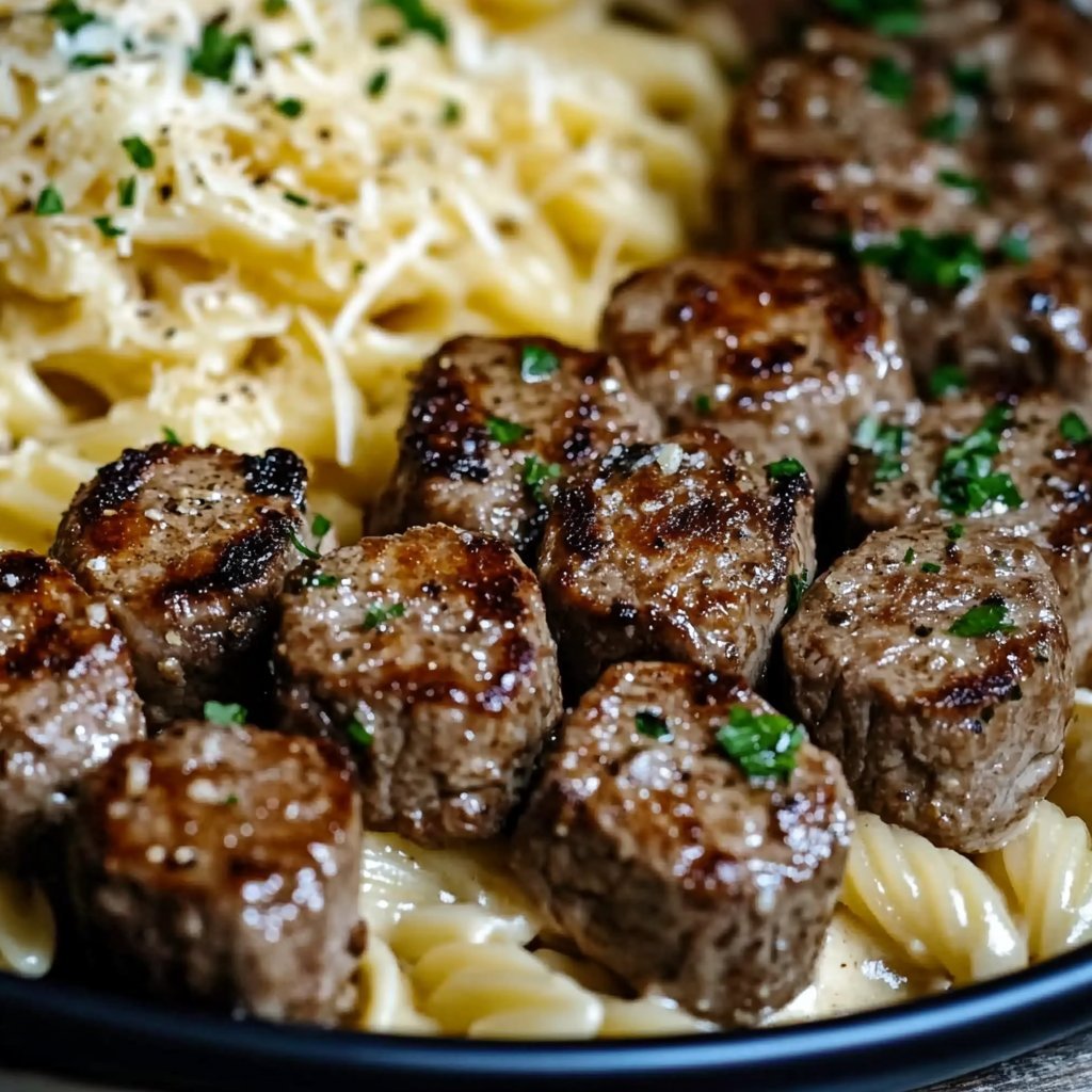 Garlic Butter Steak Bites with Creamy Parmesan Pasta