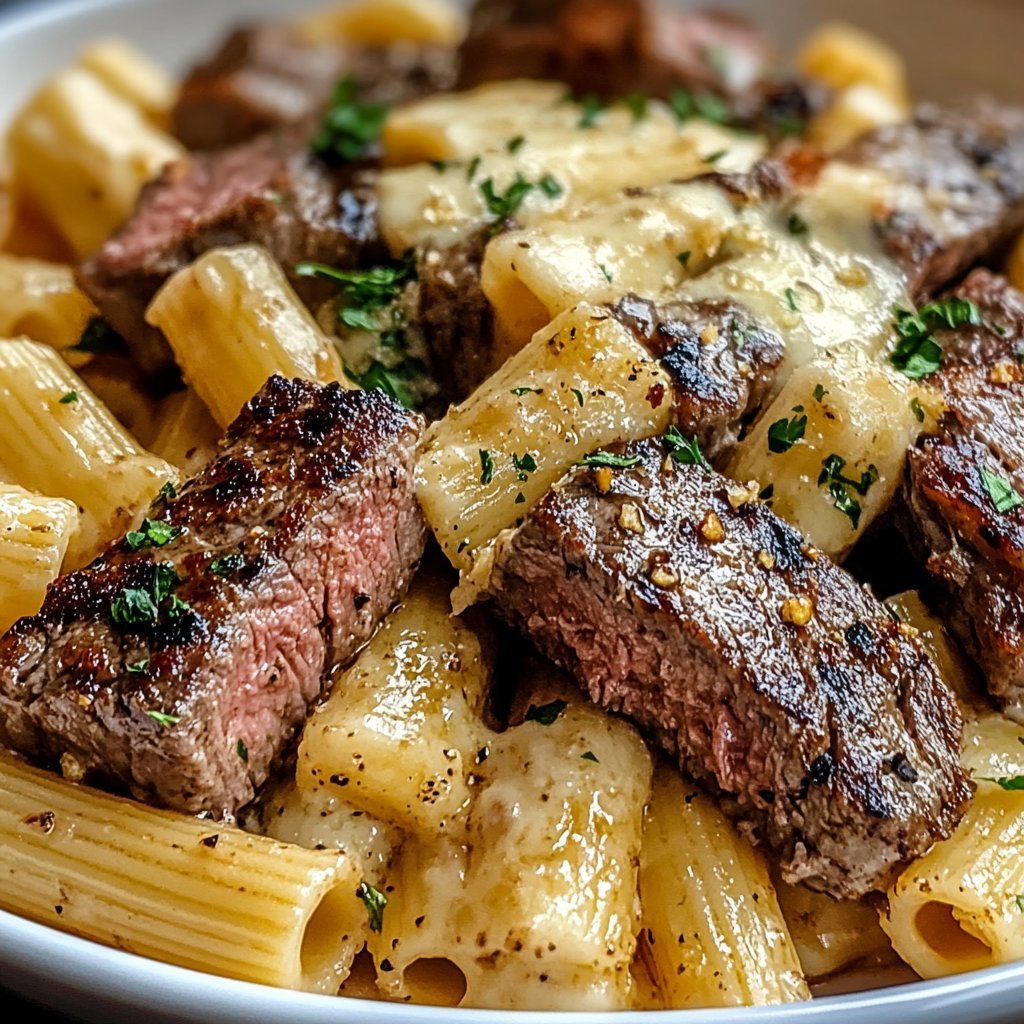 Garlic Butter Steak Tips with Cheesy Rigatoni