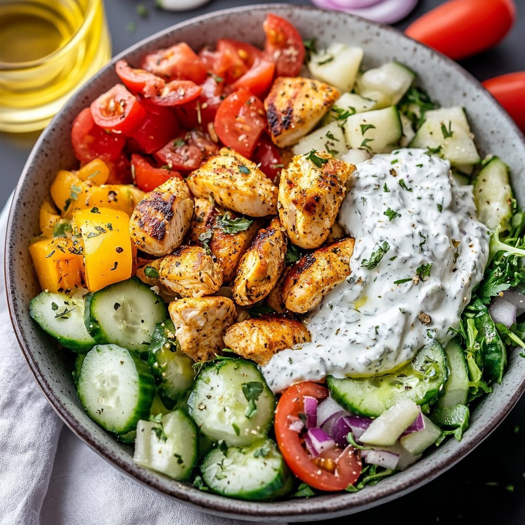 LOADED GREEK CHICKEN BOWL WITH DAIRY-FREE TZATZIKI