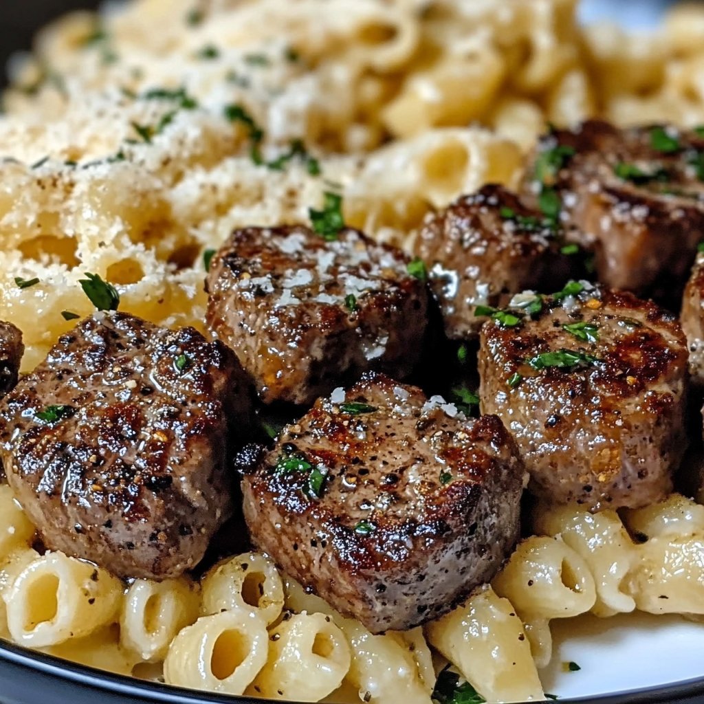 Garlic Butter Steak Bites with Creamy Parmesan Pasta